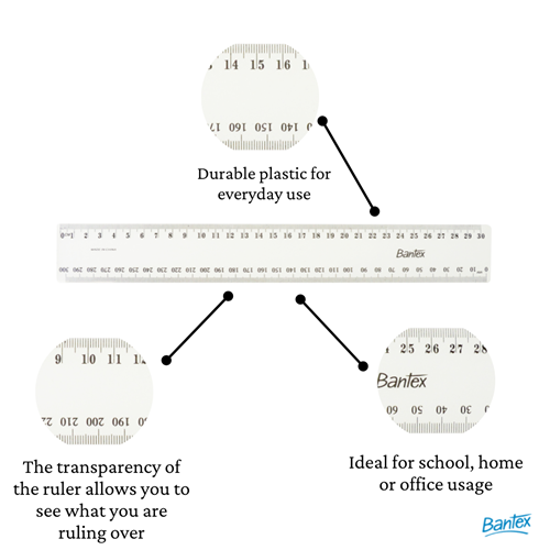 BANTEX PLASTIC RULER CLEAR 30cm Bulk Packaging 852510